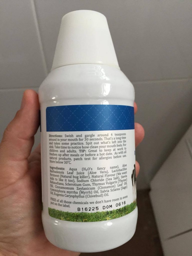 MooGoo Moothwash with a clear list of it's ingredients and why they're in there.